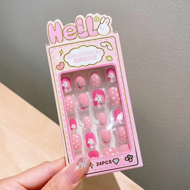 24 Pcs Pink Press on Nails Medium Length Kids Fake Nails 416602