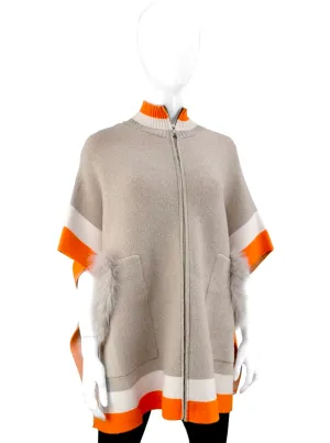 3 Tone Knit Cape W Fox Trim Pockets [Orange-POYU14]