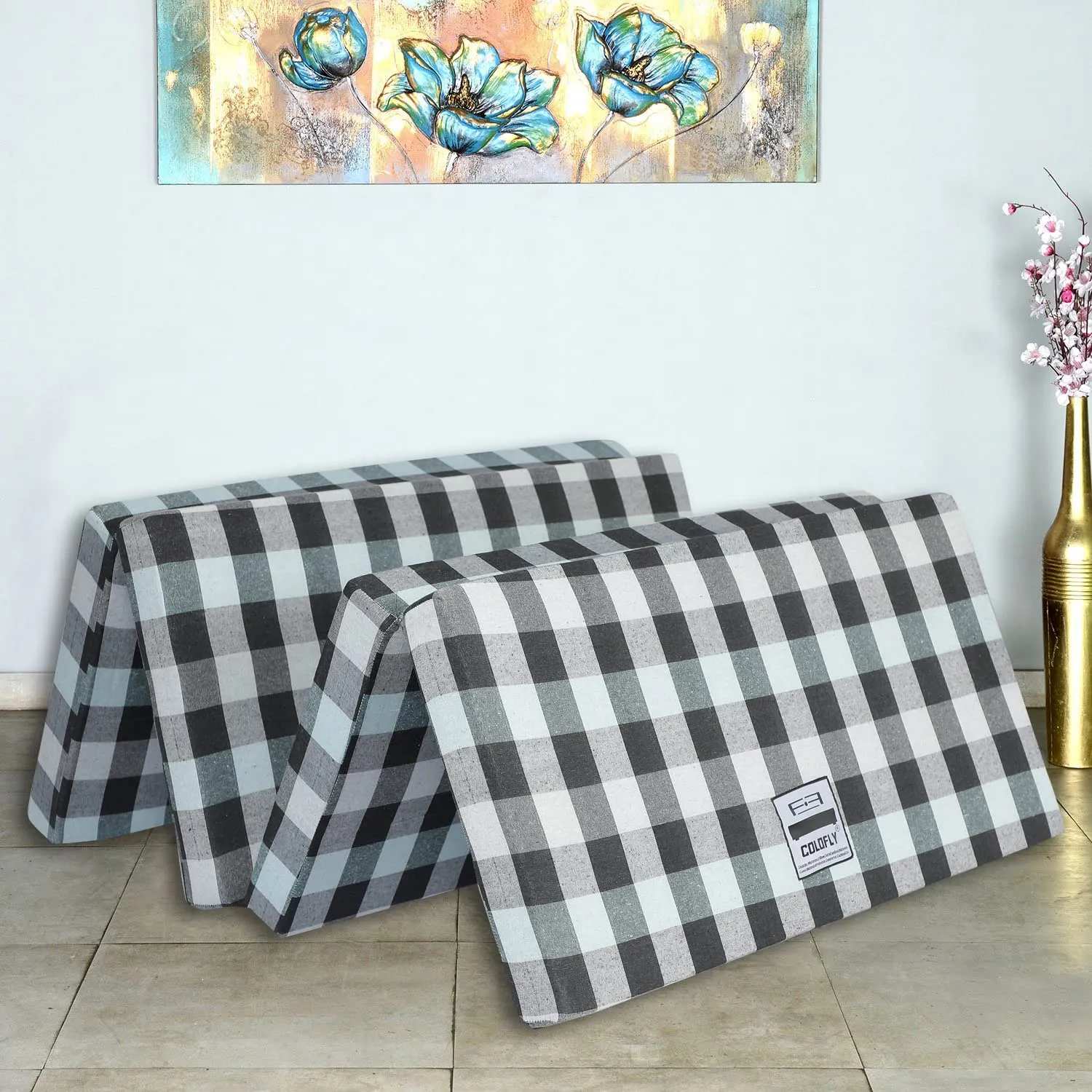 COLOFLY 2 Inch Dual Comfort Reversible Foldable UHD Foam Single Bed Mattress (4 Fold, Blue Multicolor)