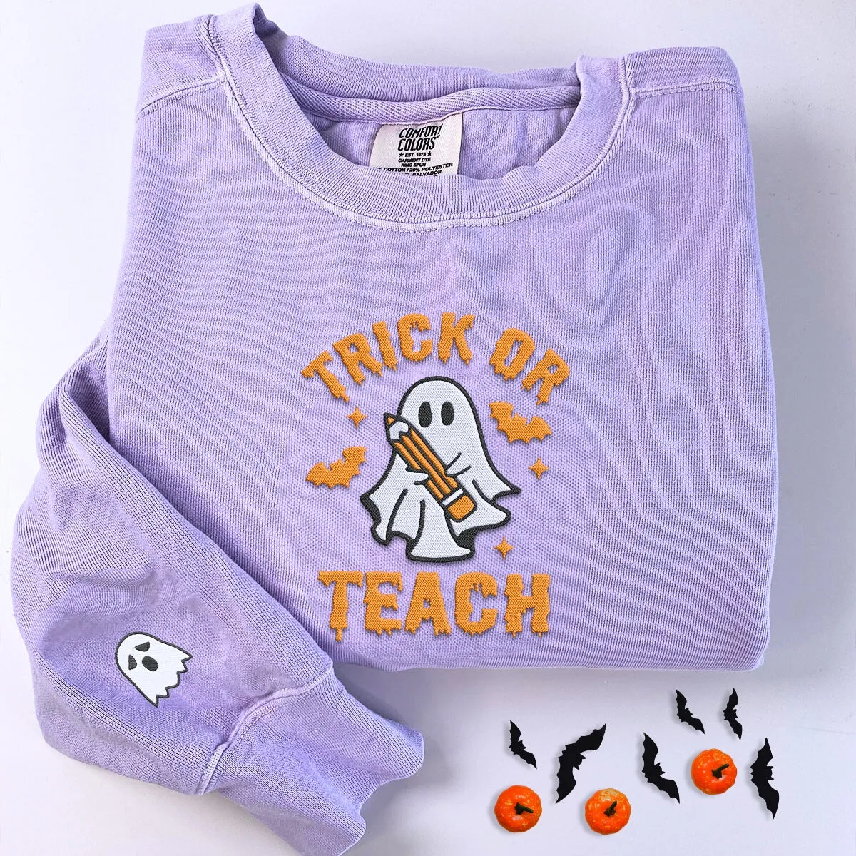 Comfort Color® Embroidered Trick or Teach Halloween T-Shirt or Sweatshirt