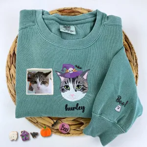 Comfort Colors® Custom Embroidered Cat Portrait from Photo with Halloween Witch Hat Portrait T-Shirt or Sweatshirt