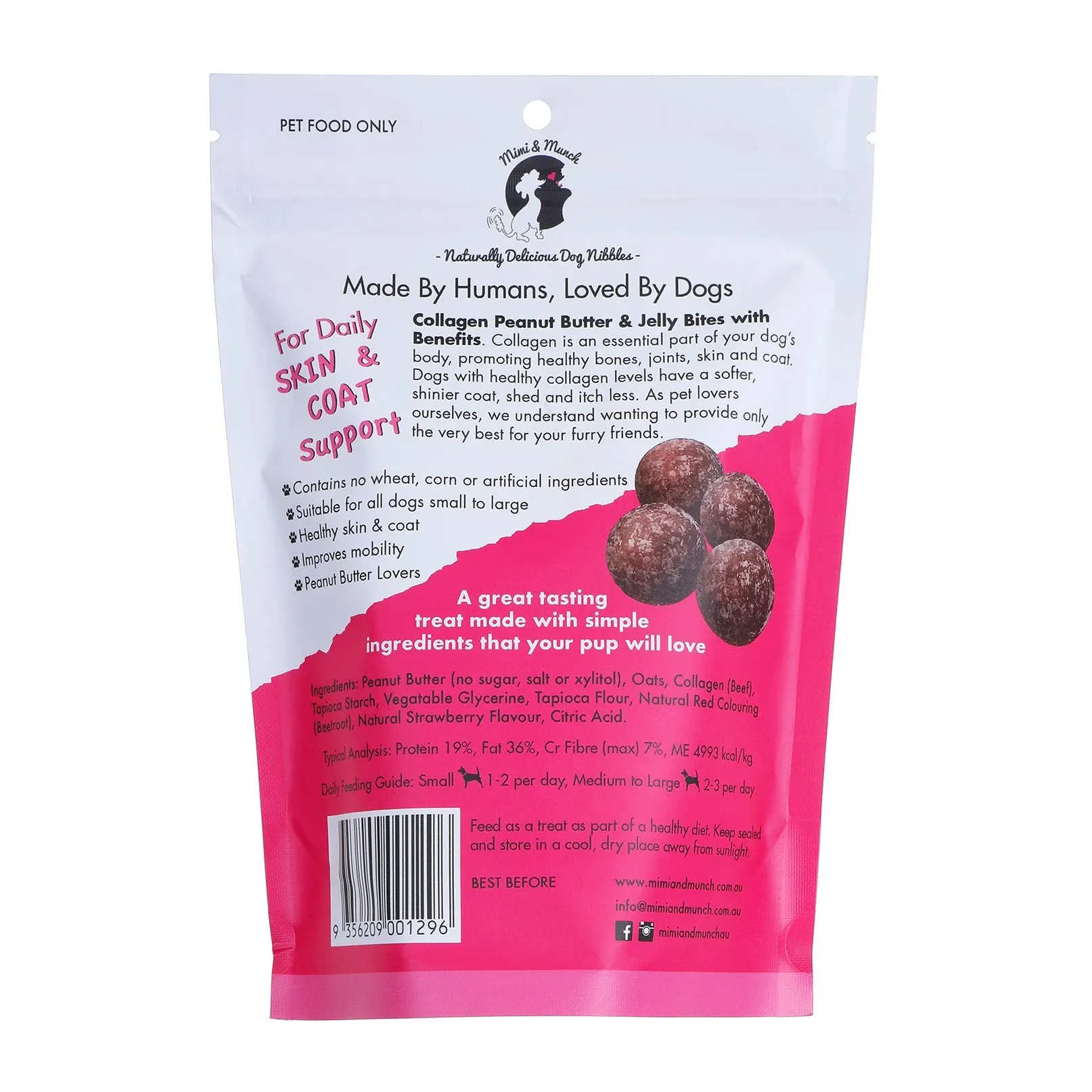 Mimi and Munch Collagen Peanut Butter and Jelly Bites Dog Treats 150g