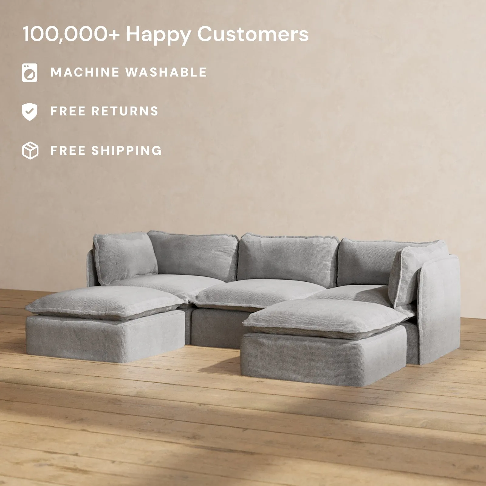 Modular Washable 3-Seater U-Sectional in Ash | Deluxe  Seat | Cloud Pillow