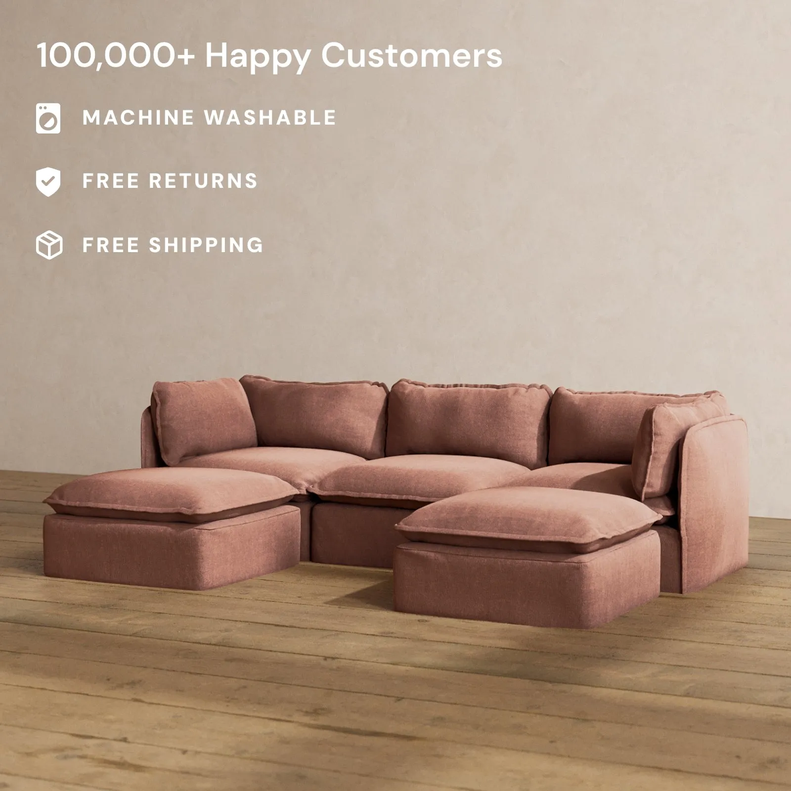 Modular Washable 3-Seater U-Sectional in Chestnut | Deluxe  Seat | Cloud Pillow