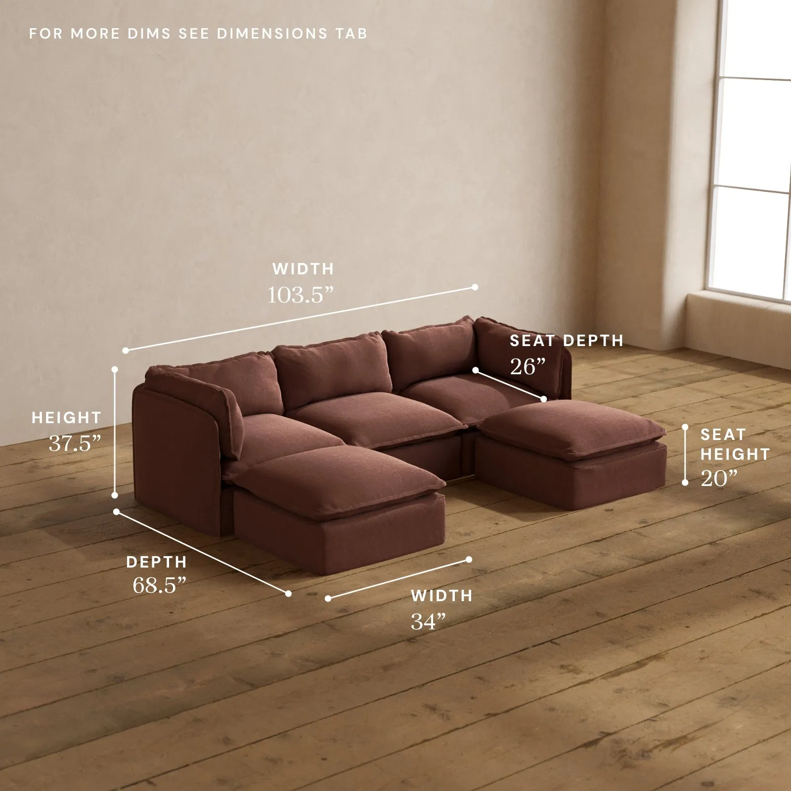 Modular Washable 3-Seater U-Sectional in Chestnut | Deluxe  Seat | Cloud Pillow