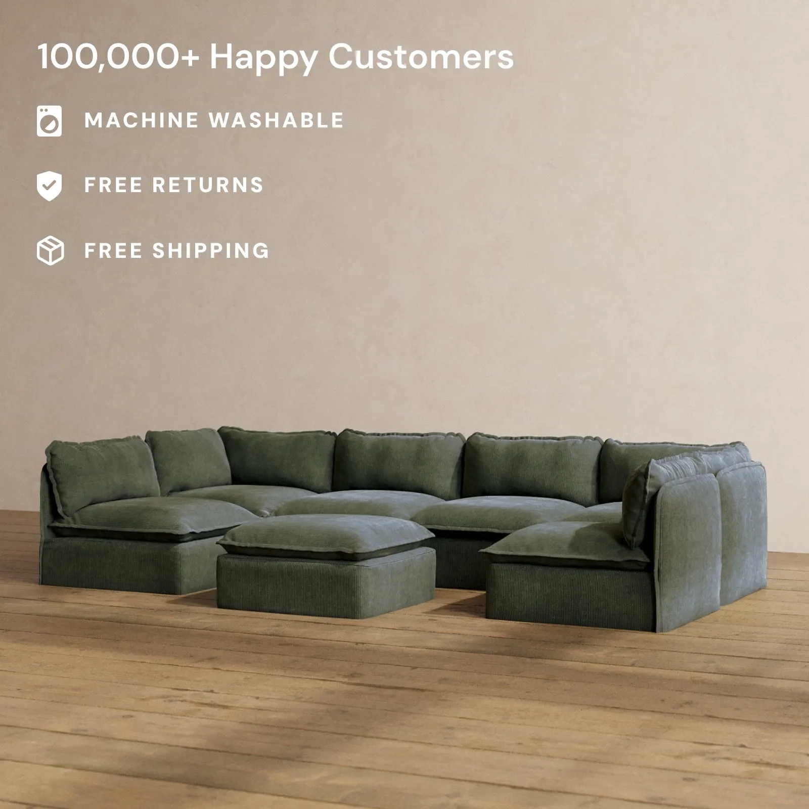 Modular Washable 6-Seater Open-Ends U-Sectional   Ottoman in Olivine | Memorix  Seat | Cloud Pillow