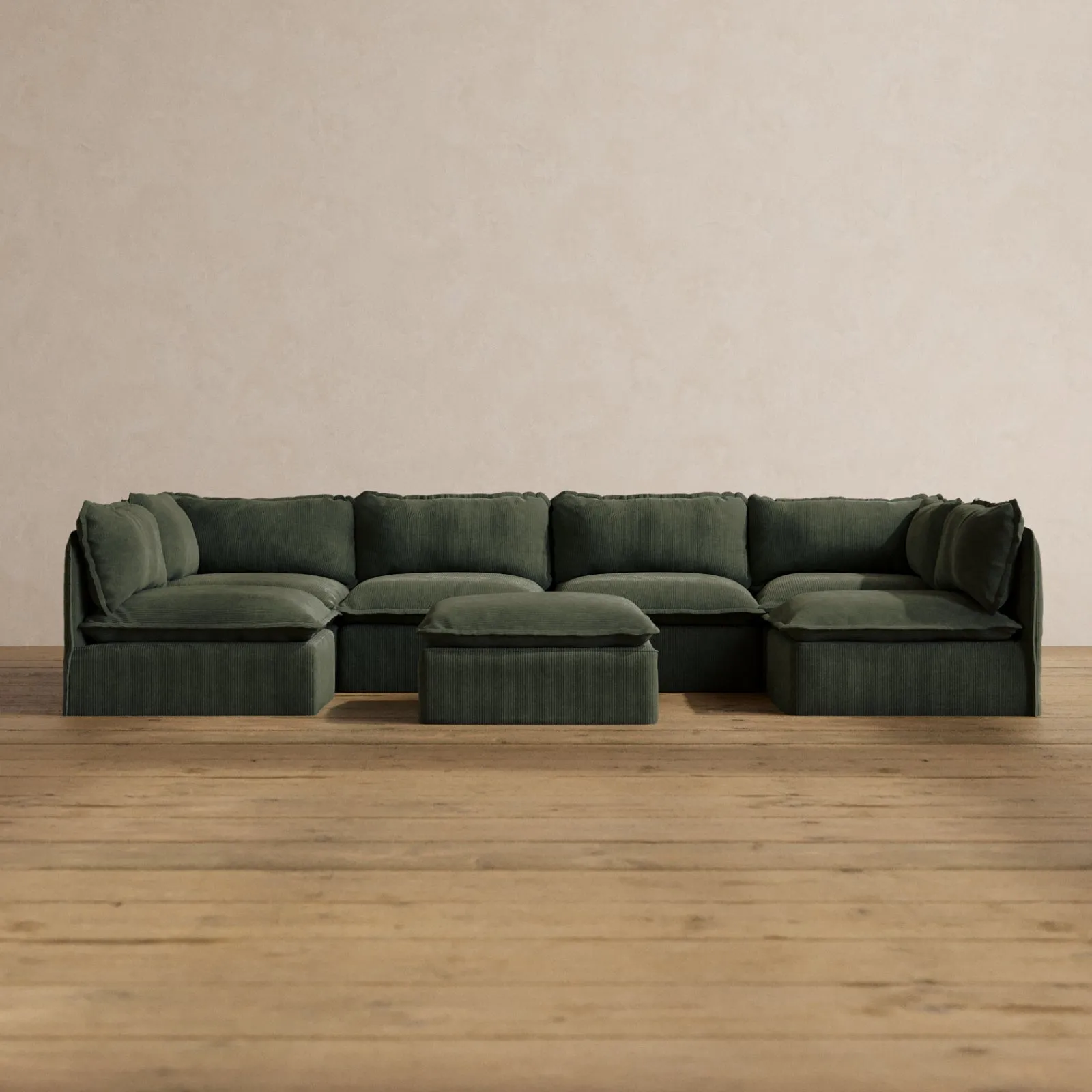 Modular Washable 6-Seater Open-Ends U-Sectional   Ottoman in Olivine | Memorix  Seat | Cloud Pillow