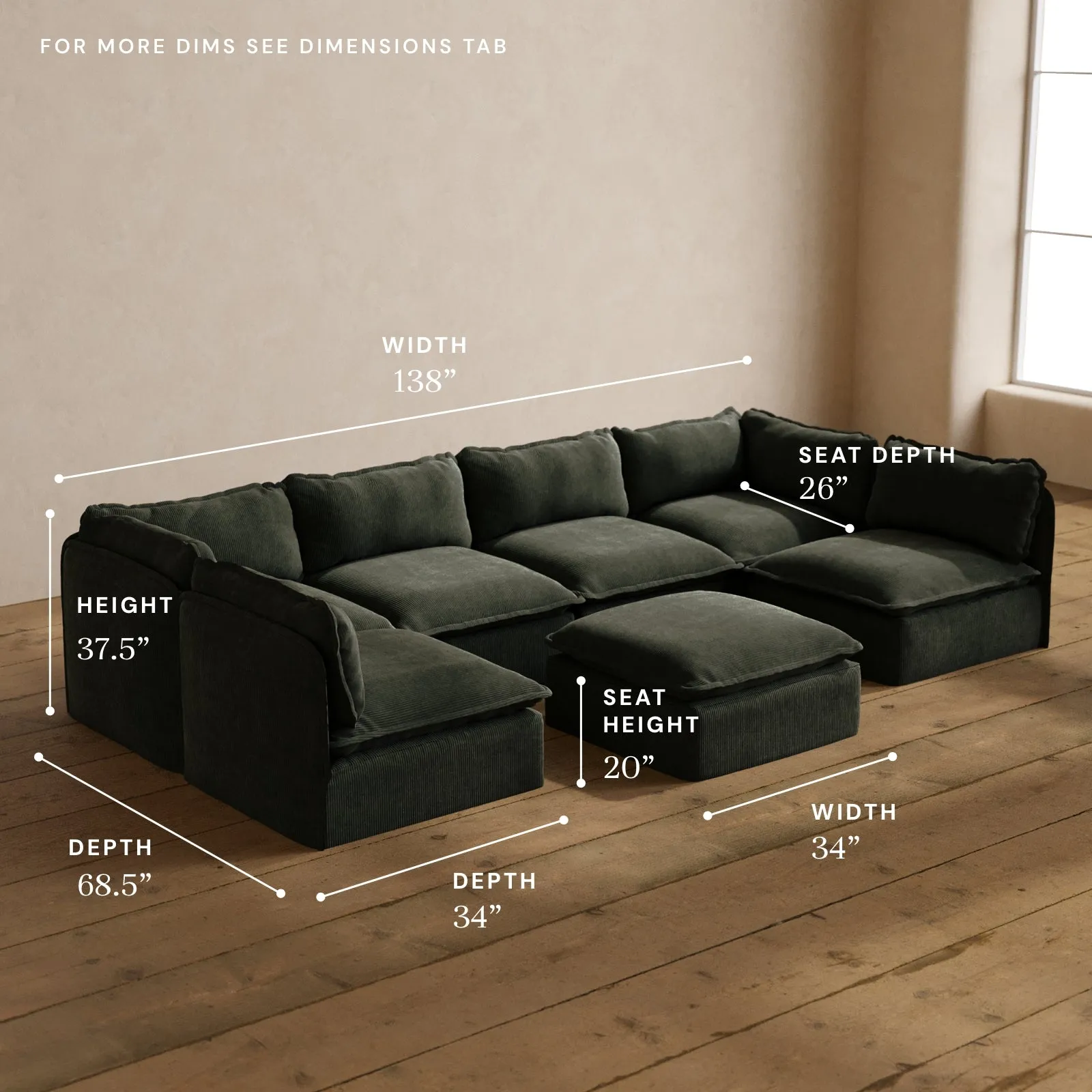 Modular Washable 6-Seater Open-Ends U-Sectional   Ottoman in Olivine | Memorix  Seat | Cloud Pillow