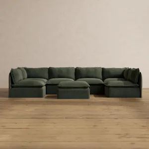 Modular Washable 6-Seater Open-Ends U-Sectional   Ottoman in Olivine | Memorix  Seat | Cloud Pillow