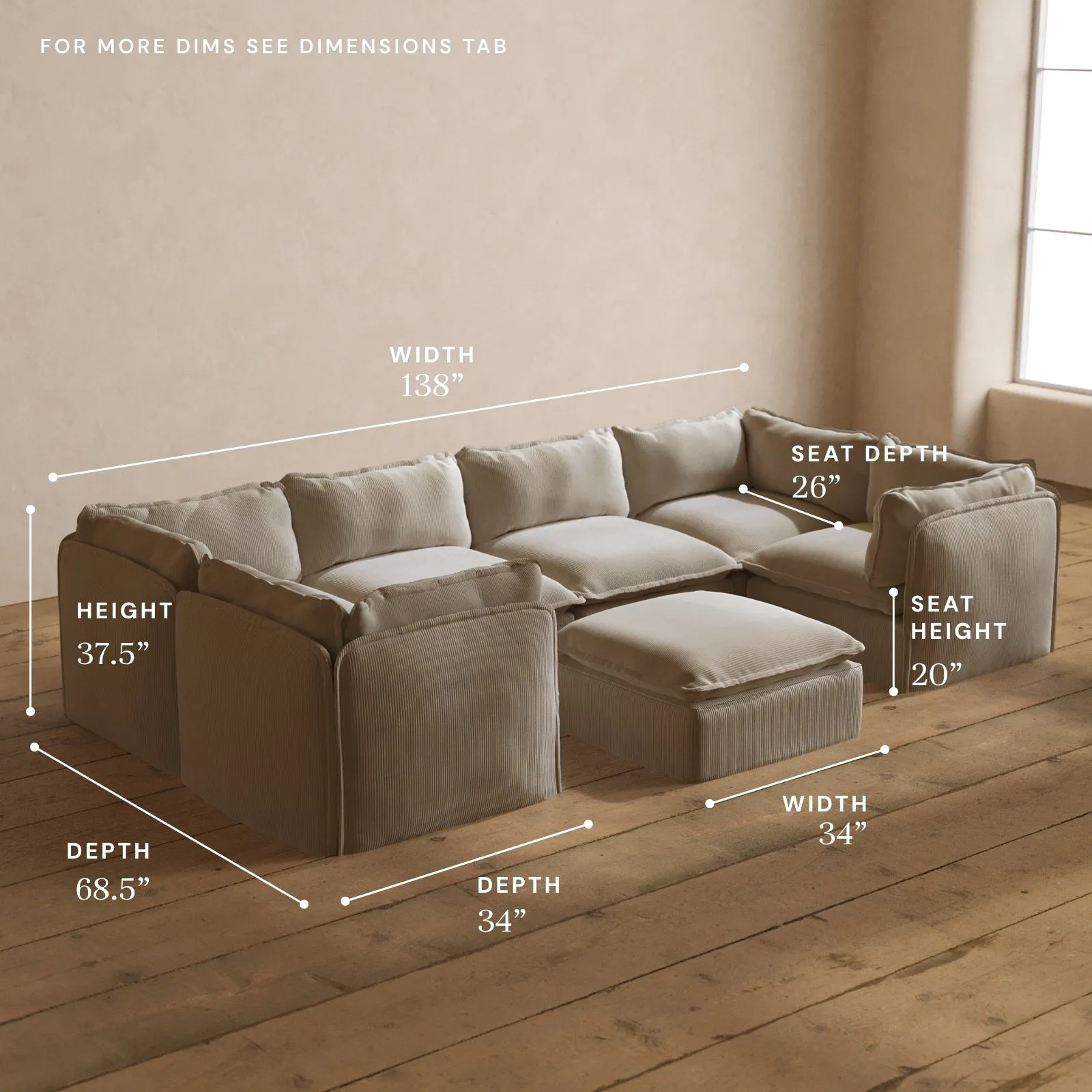 Modular Washable 6-Seater U-Sectional   Ottoman in Milk | Memorix  Seat | Cloud Pillow