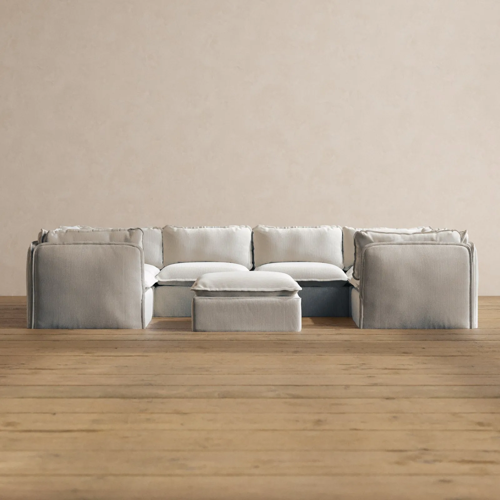 Modular Washable 6-Seater U-Sectional   Ottoman in Milk | Memorix  Seat | Cloud Pillow