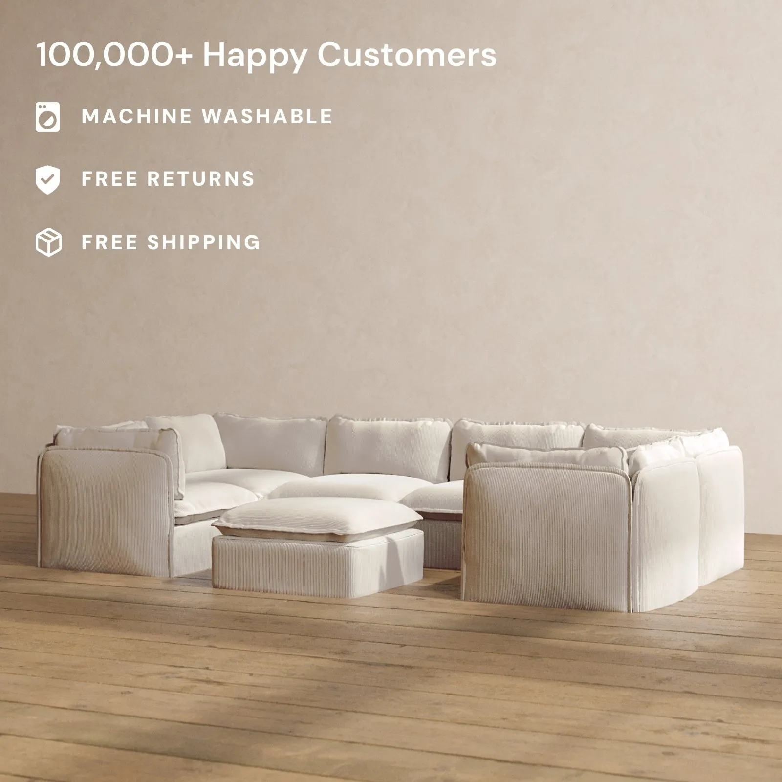 Modular Washable 6-Seater U-Sectional   Ottoman in Milk | Memorix  Seat | Cloud Pillow