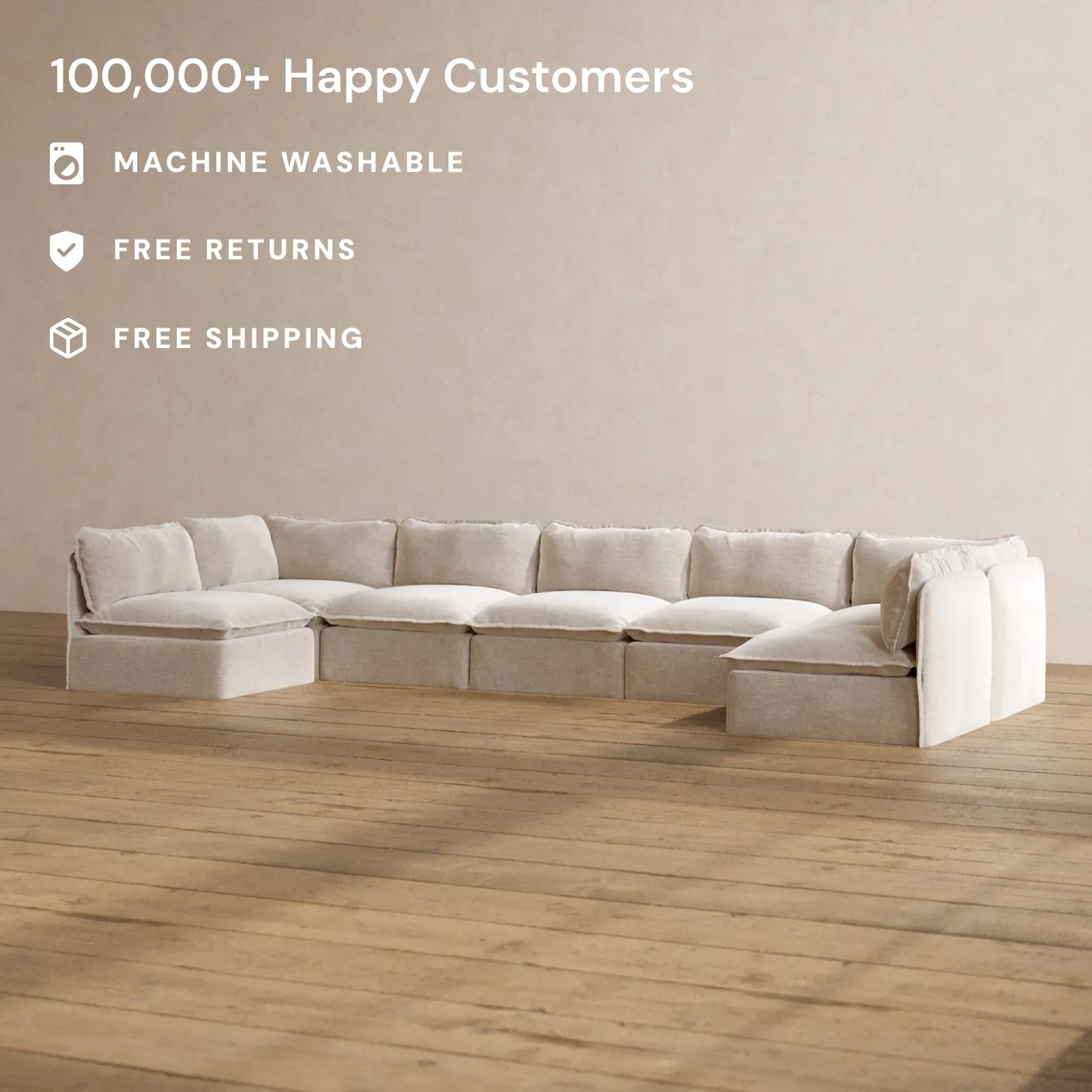 Modular Washable 7-Seater Open-Ends U-Sectional in Mist | Deluxe  Seat | Cloud Pillow