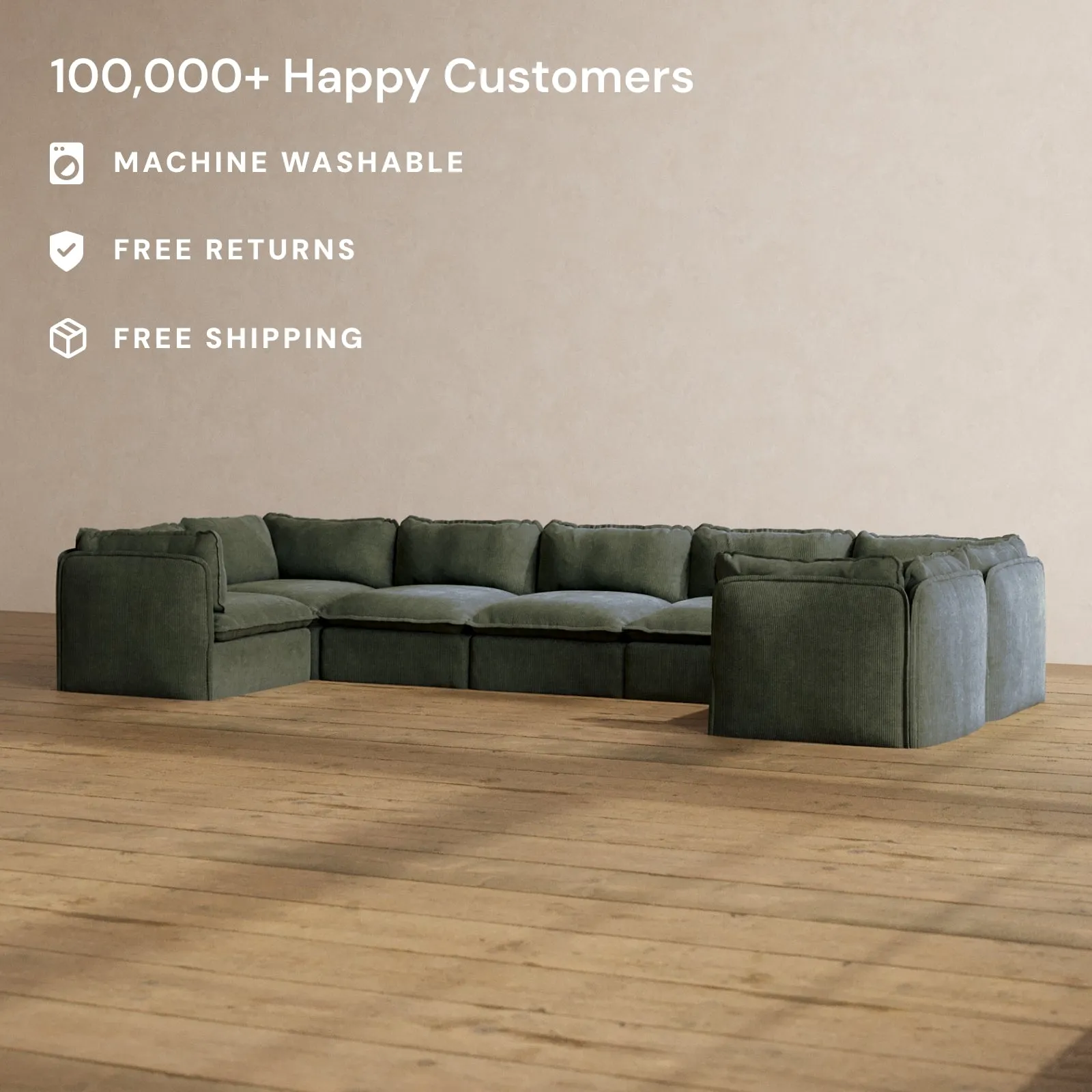 Modular Washable 7-Seater U-Sectional in Olivine | Deluxe  Seat | Cloud Pillow
