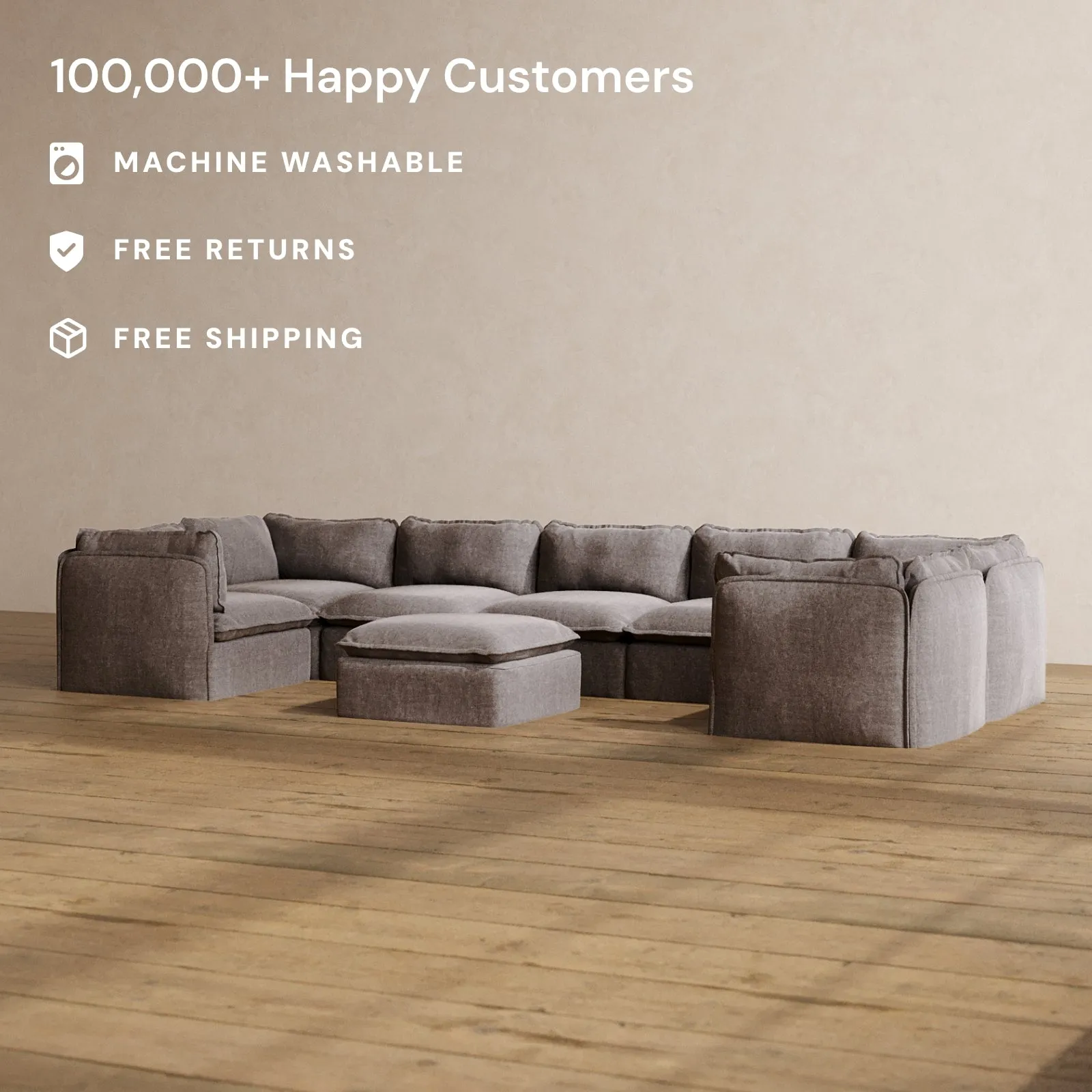 Modular Washable 7-Seater U-Sectional   Ottoman in Caviar | Memorix  Seat | Cloud Pillow