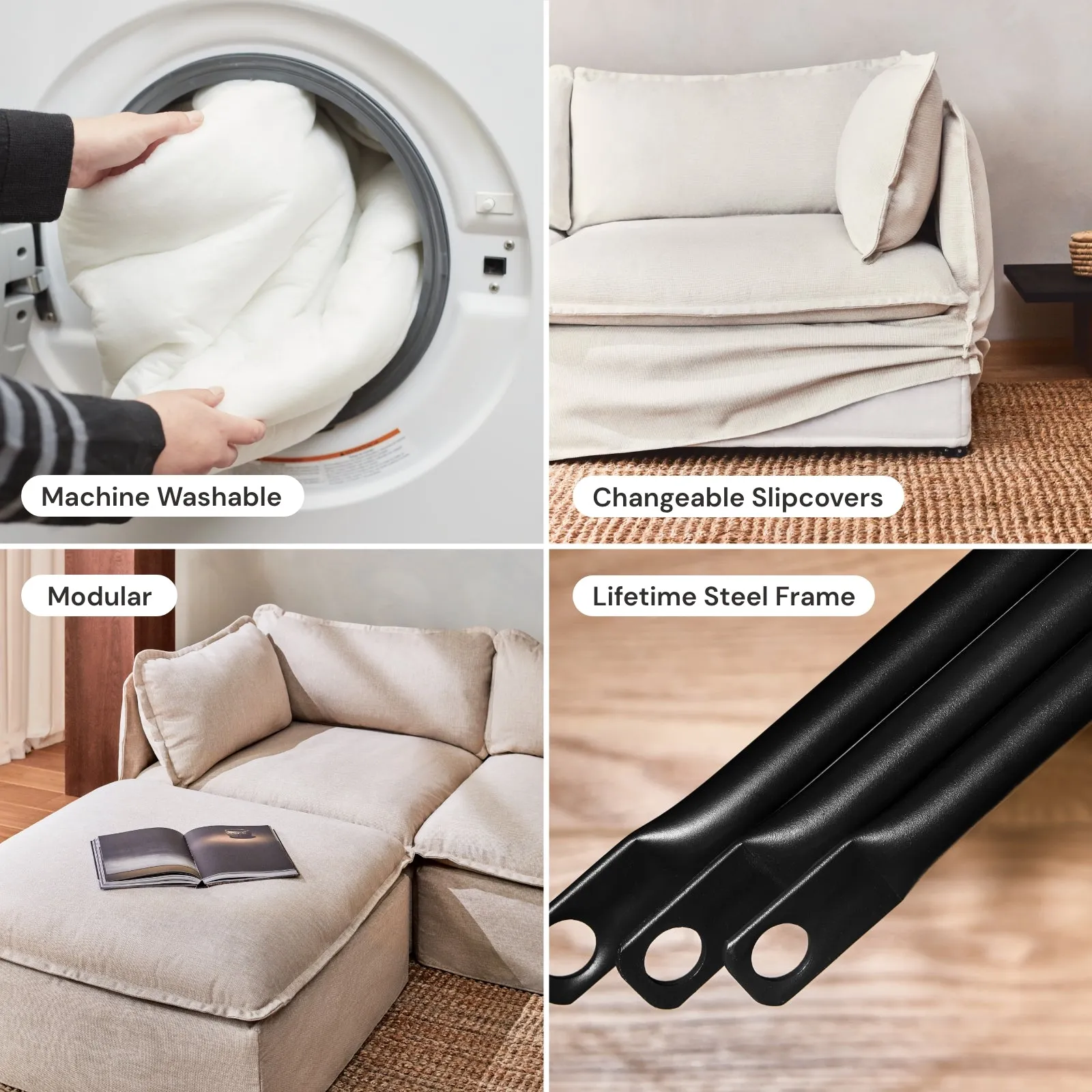 Modular Washable 7-Seater U-Sectional   Ottoman in Caviar | Memorix  Seat | Cloud Pillow