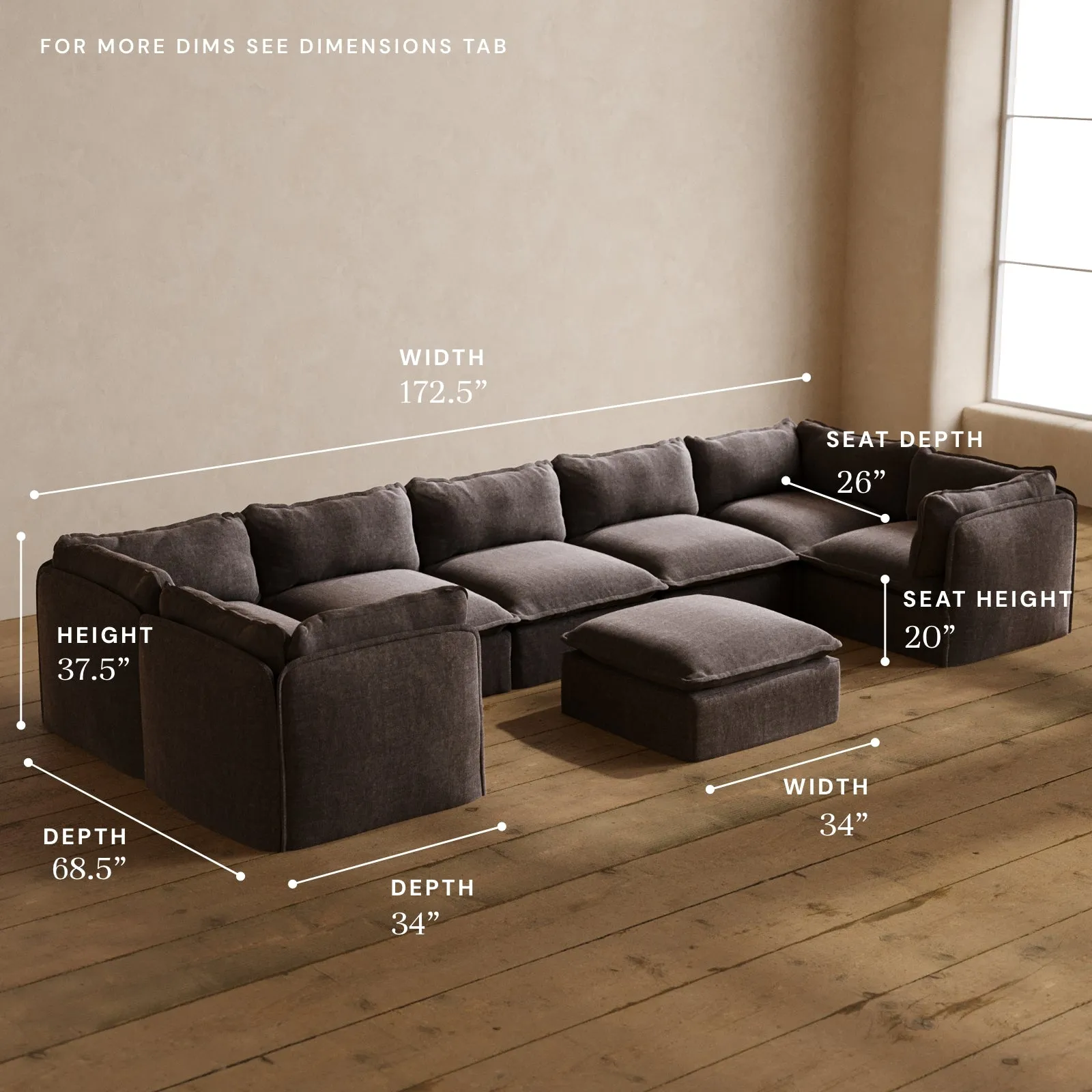 Modular Washable 7-Seater U-Sectional   Ottoman in Caviar | Memorix  Seat | Cloud Pillow
