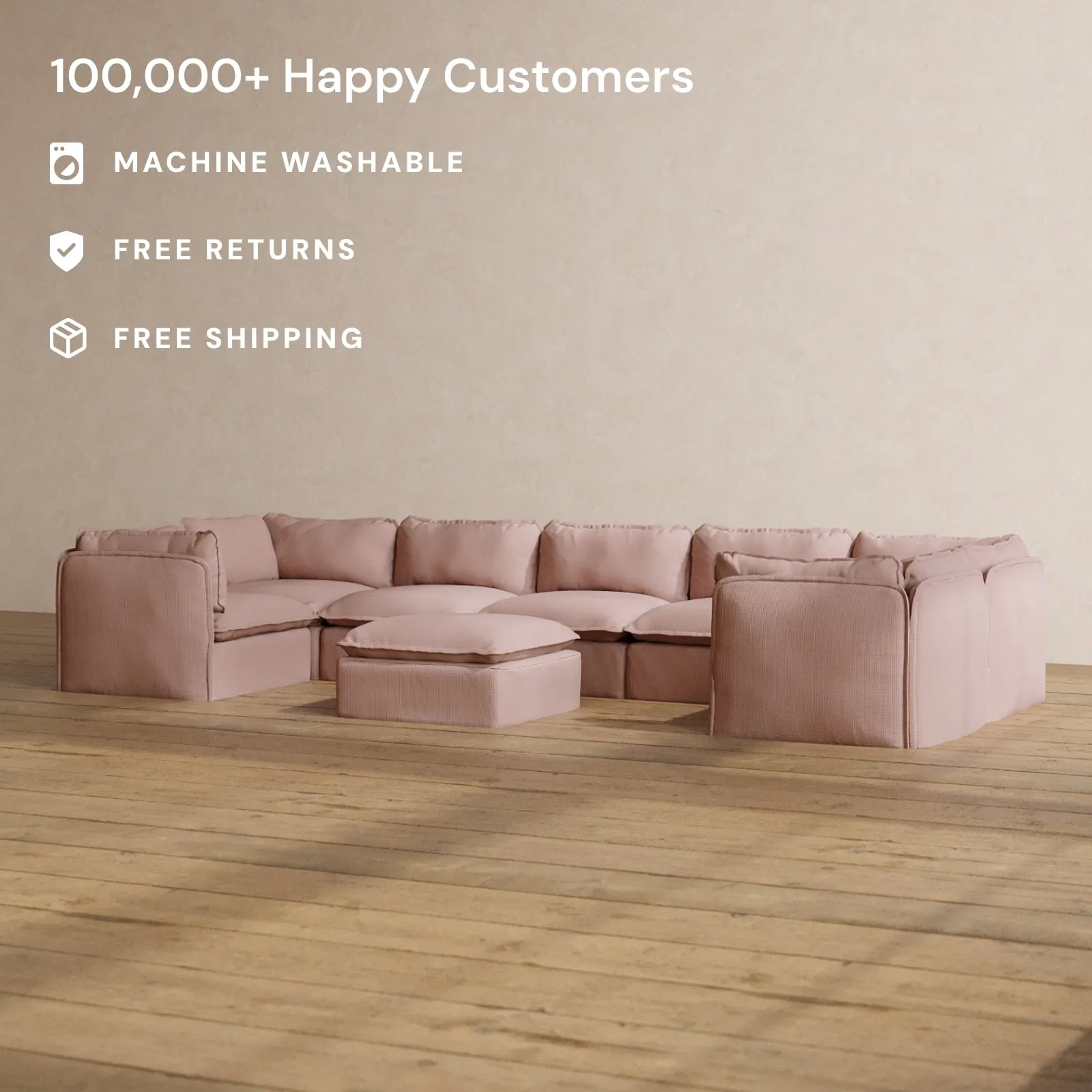 Modular Washable 7-Seater U-Sectional   Ottoman in Sakura | Memorix  Seat | Cloud Pillow