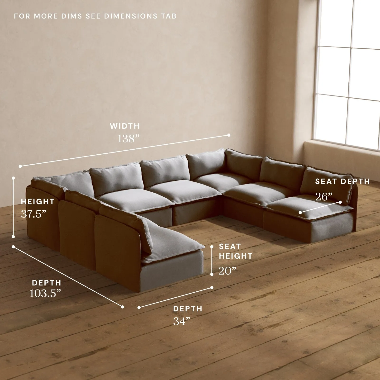 Modular Washable 8-Seater Open-Ends U-Sectional in Pumice | Deluxe  Seat | Cloud Pillow