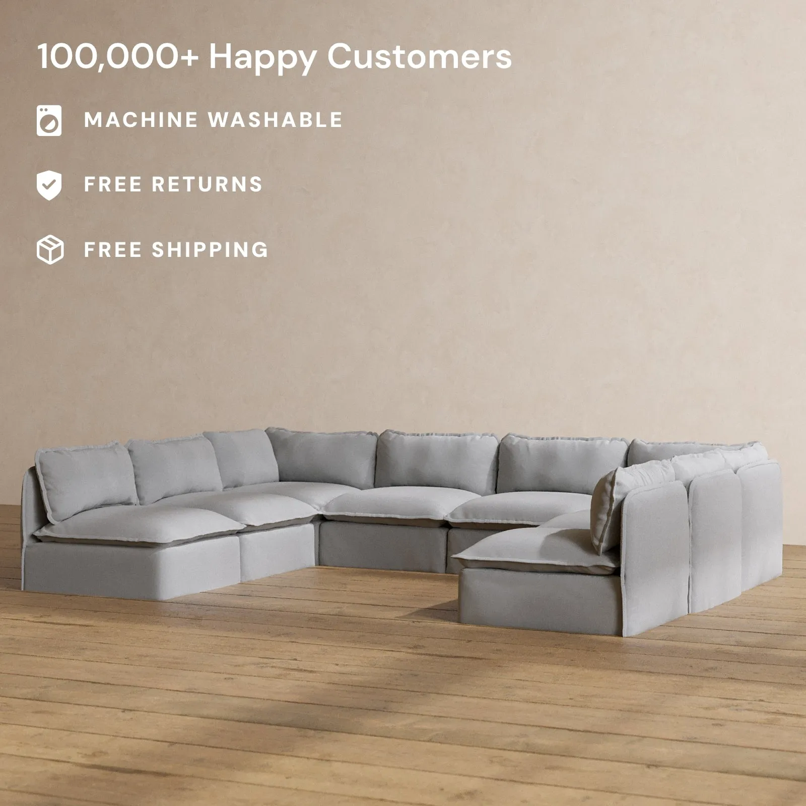 Modular Washable 8-Seater Open-Ends U-Sectional in Pumice | Deluxe  Seat | Cloud Pillow