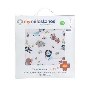 My Milestones 100% Cotton Muslin Baby Blanket - 6 Layered (43x43 inches) - Zoo Print Blue