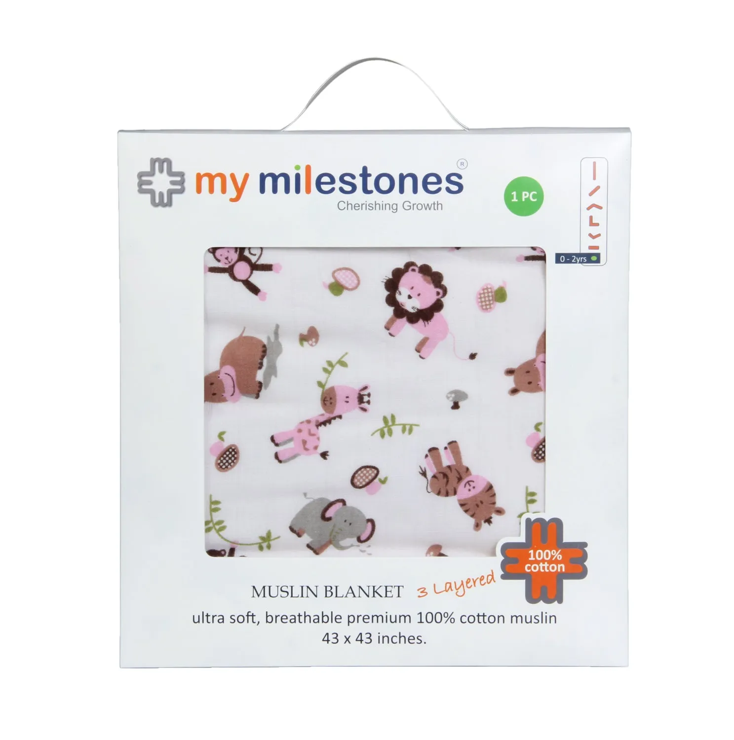 My Milestones 100% Cotton Muslin Baby Blanket - 6 Layered (43x43 inches) - Zoo Print Pink