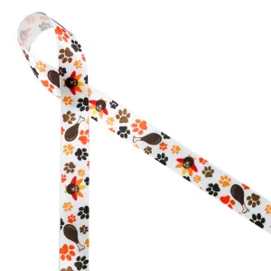 Pet Thanksgiving Ribbon with paw prints and turkey legs printed on 5/8" white single face satin