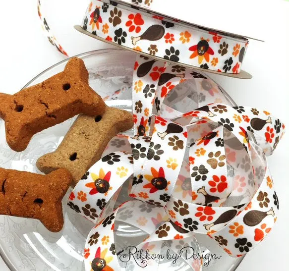 Pet Thanksgiving Ribbon with paw prints and turkey legs printed on 5/8" white single face satin