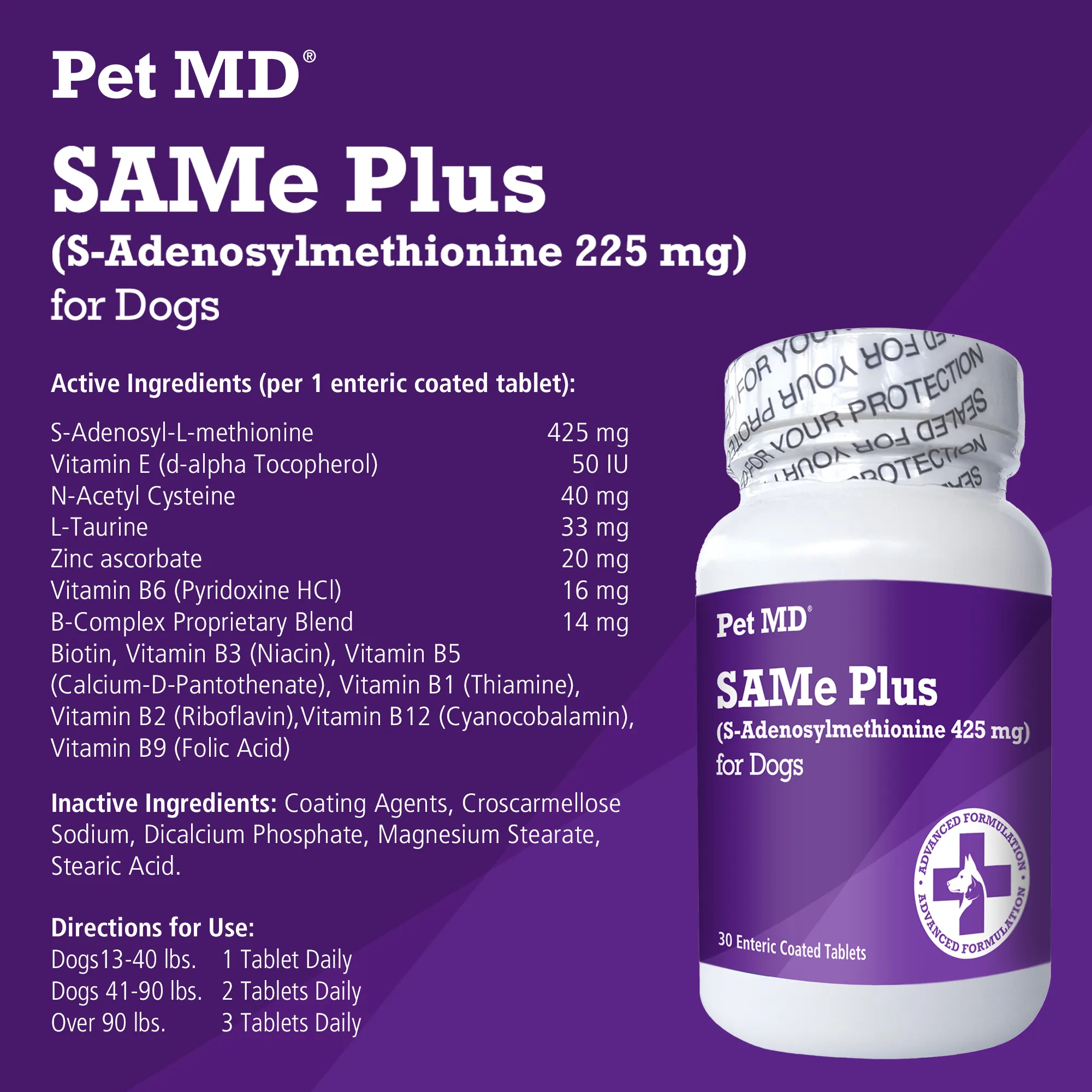 SAMe Plus S-Adenosyl 425mg Liver Supplement for Dogs - 30 Count