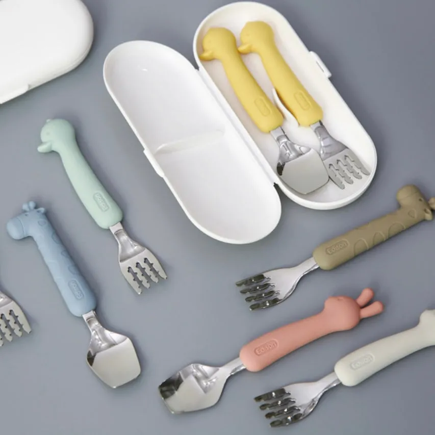 Silicone Handle Stainless Steel Spoon Fork Set with Case -Animals (2  Years Old)