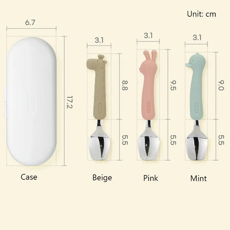 Silicone Handle Stainless Steel Spoon Fork Set with Case -Animals (2  Years Old)