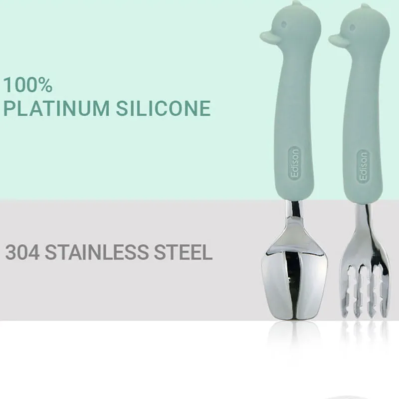 Silicone Handle Stainless Steel Spoon Fork Set with Case -Animals (2  Years Old)