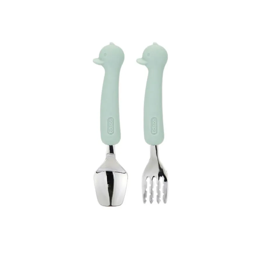 Silicone Handle Stainless Steel Spoon Fork Set with Case -Animals (2  Years Old)