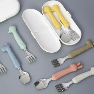 Silicone Handle Stainless Steel Spoon Fork Set with Case -Animals (2  Years Old)